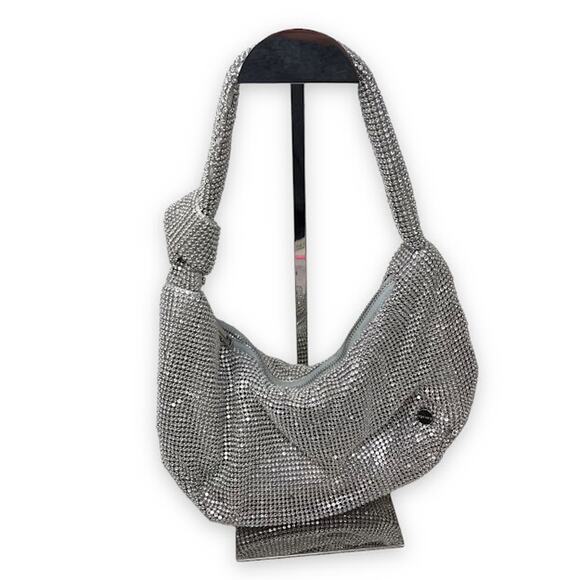 Olga Berg Jessica Soft Crystal Mesh Croissant Bag Knotted Handle Silver - Picture 1 of 7